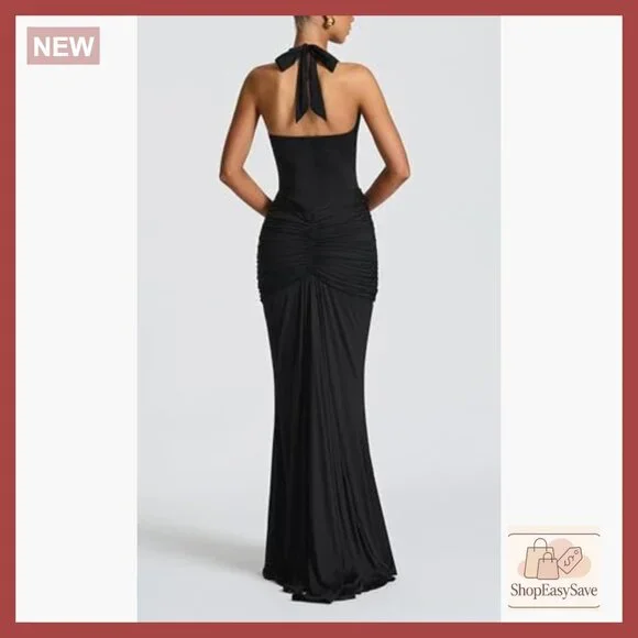 Elegant Ruched Bodycon Maxi Dress Deep V-Neck Halter Backless Formal Gown - Picture 2 of 6
